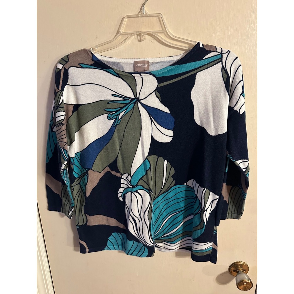 Chicos Floral Knit Sweater Navy Teal White 3/4 Sleeve Boat Neck Top Size 1 M